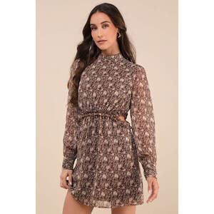 Lulus Autumn Bliss Brown Floral Print Long Sleeve Cutout Mini Dress - Size S